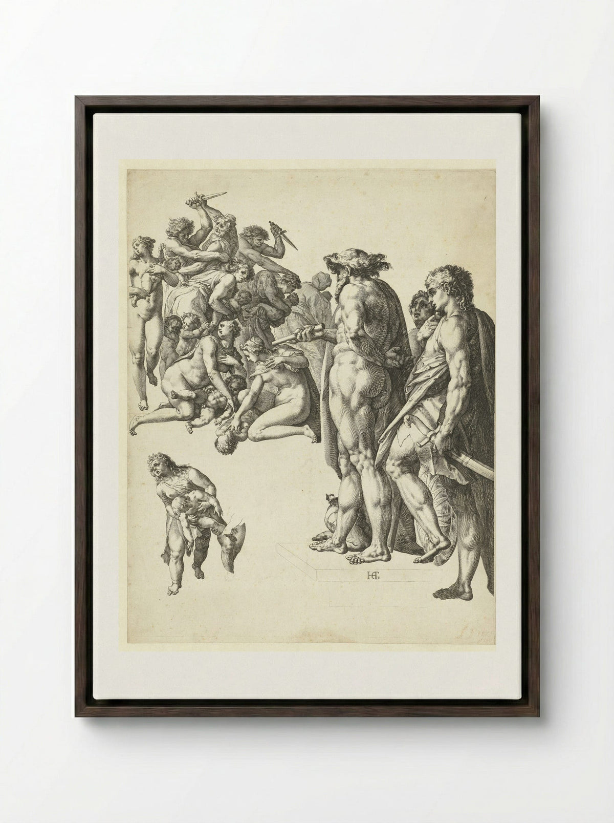 The Massacre of the Innocents - Hendrick Goltzius - Framed Canvas Dark Wood