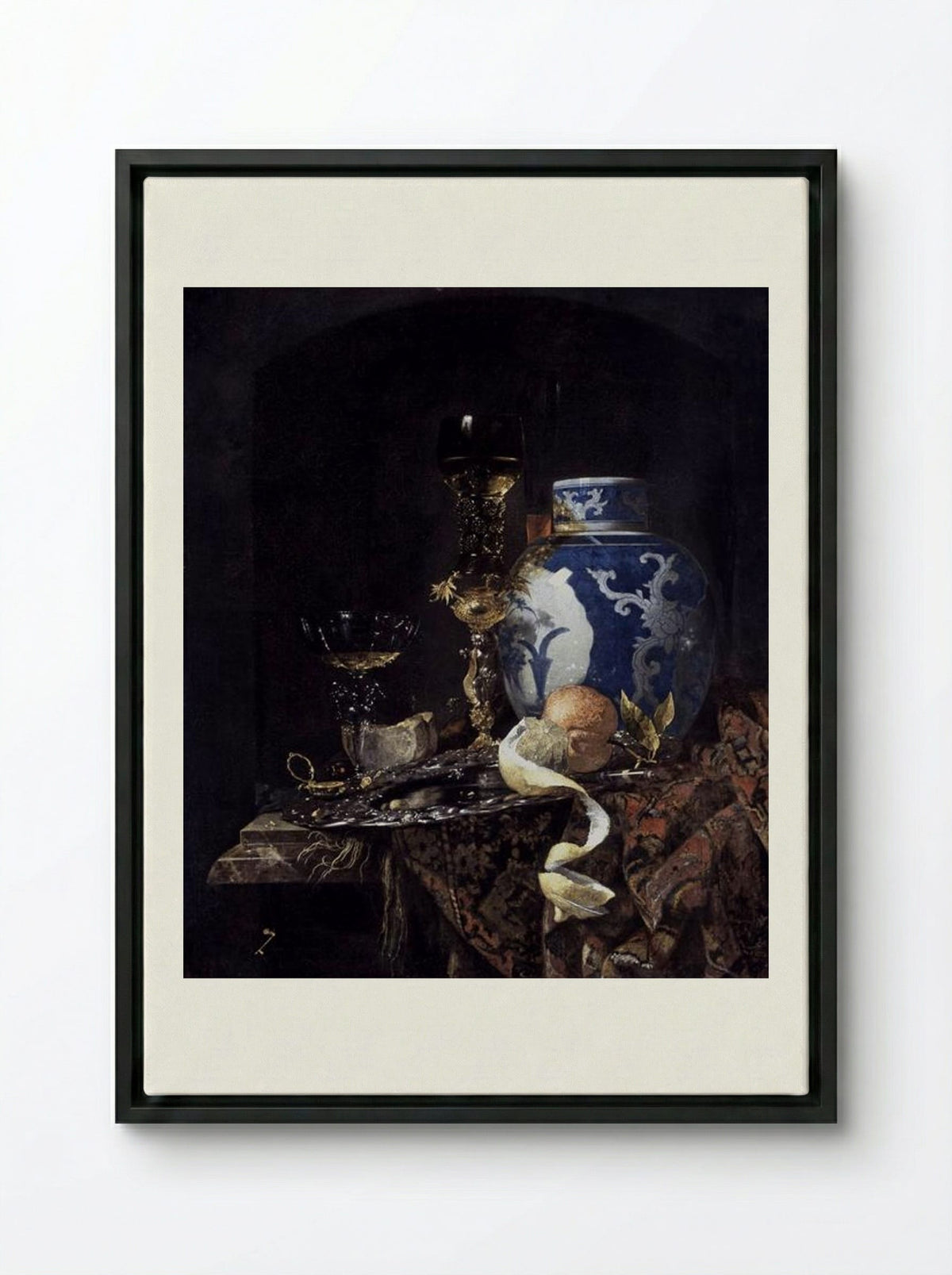 Still-Life with a Late Ming Ginger Jar - Willem Kalf - Framed Canvas Black