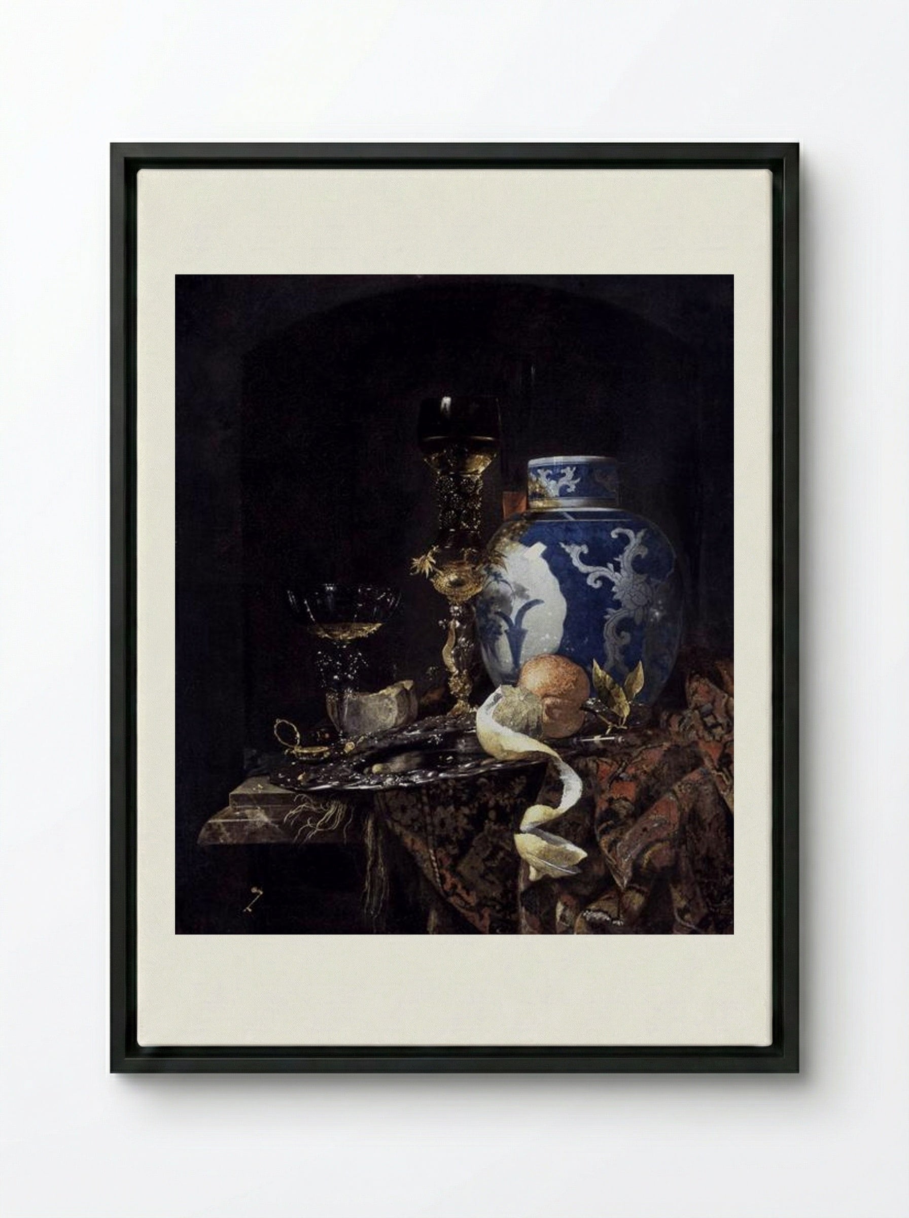Still-Life with a Late Ming Ginger Jar - Willem Kalf - Framed Canvas Black