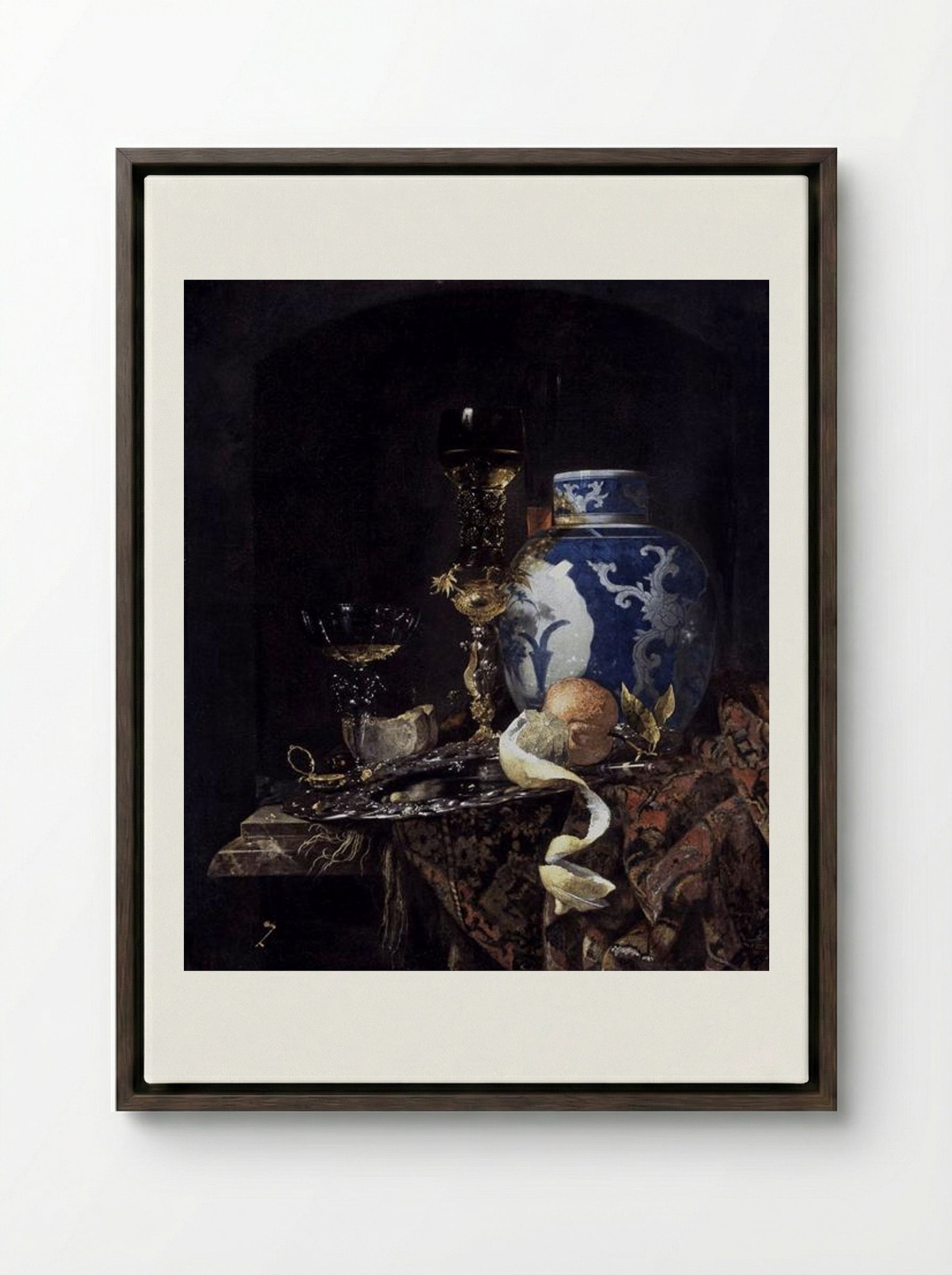 Still-Life with a Late Ming Ginger Jar - Willem Kalf - Framed Canvas Dark Wood