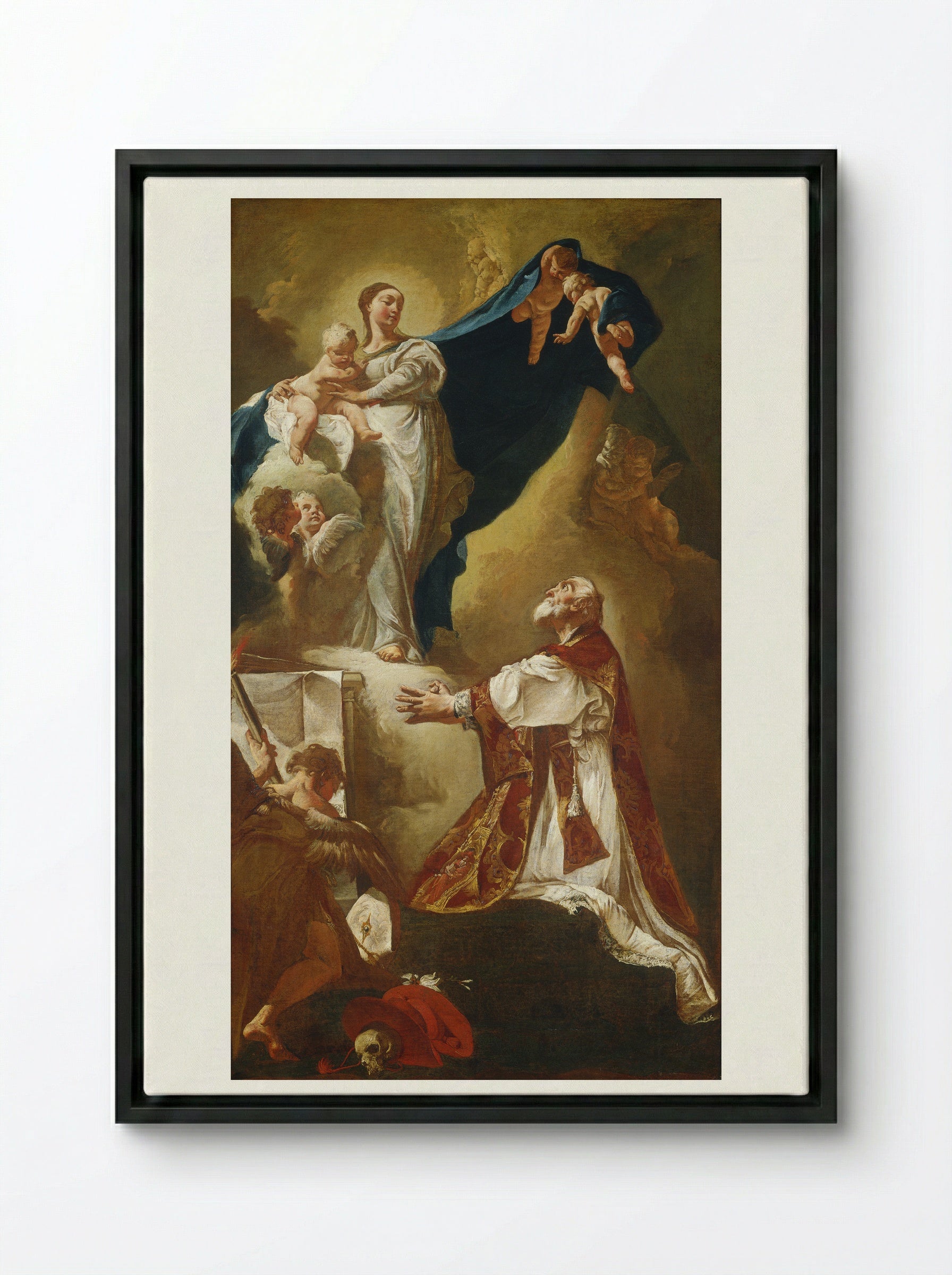 The Virgin Appearing to Saint Philip Neri - Giovanni Battista Piazzetta - Framed Canvas Black