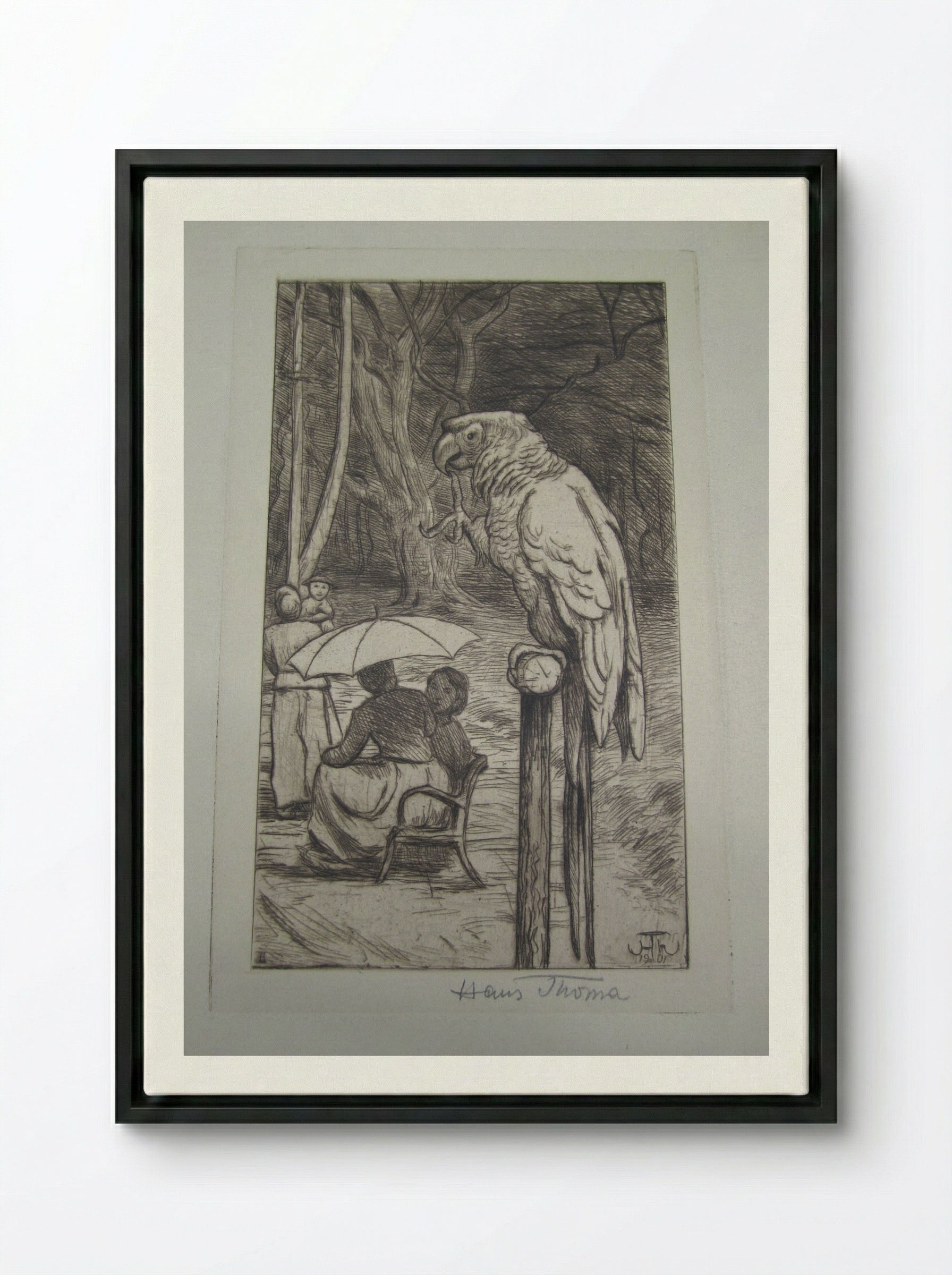 The Parrot - Hans Thoma - Framed Canvas Black