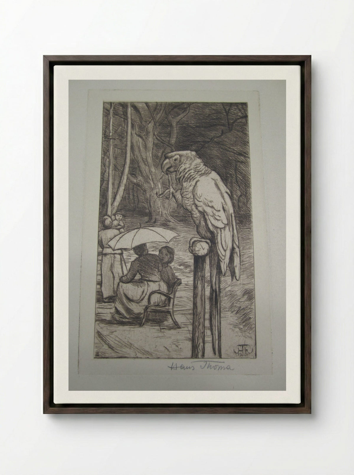 The Parrot - Hans Thoma - Framed Canvas Dark Wood