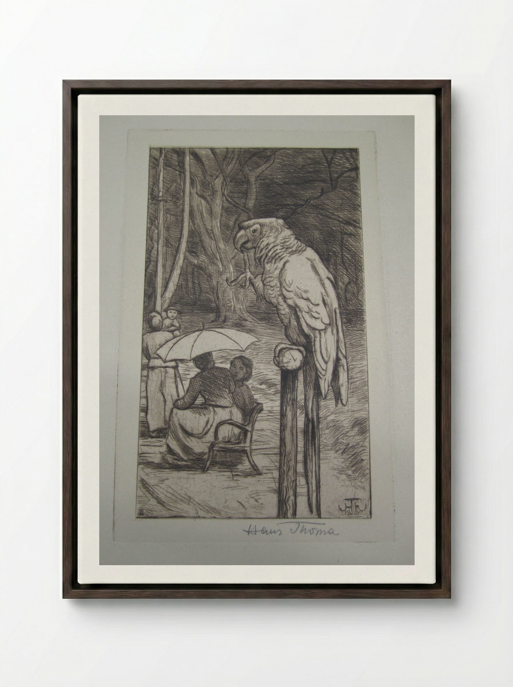 The Parrot - Hans Thoma - Framed Canvas Dark Wood