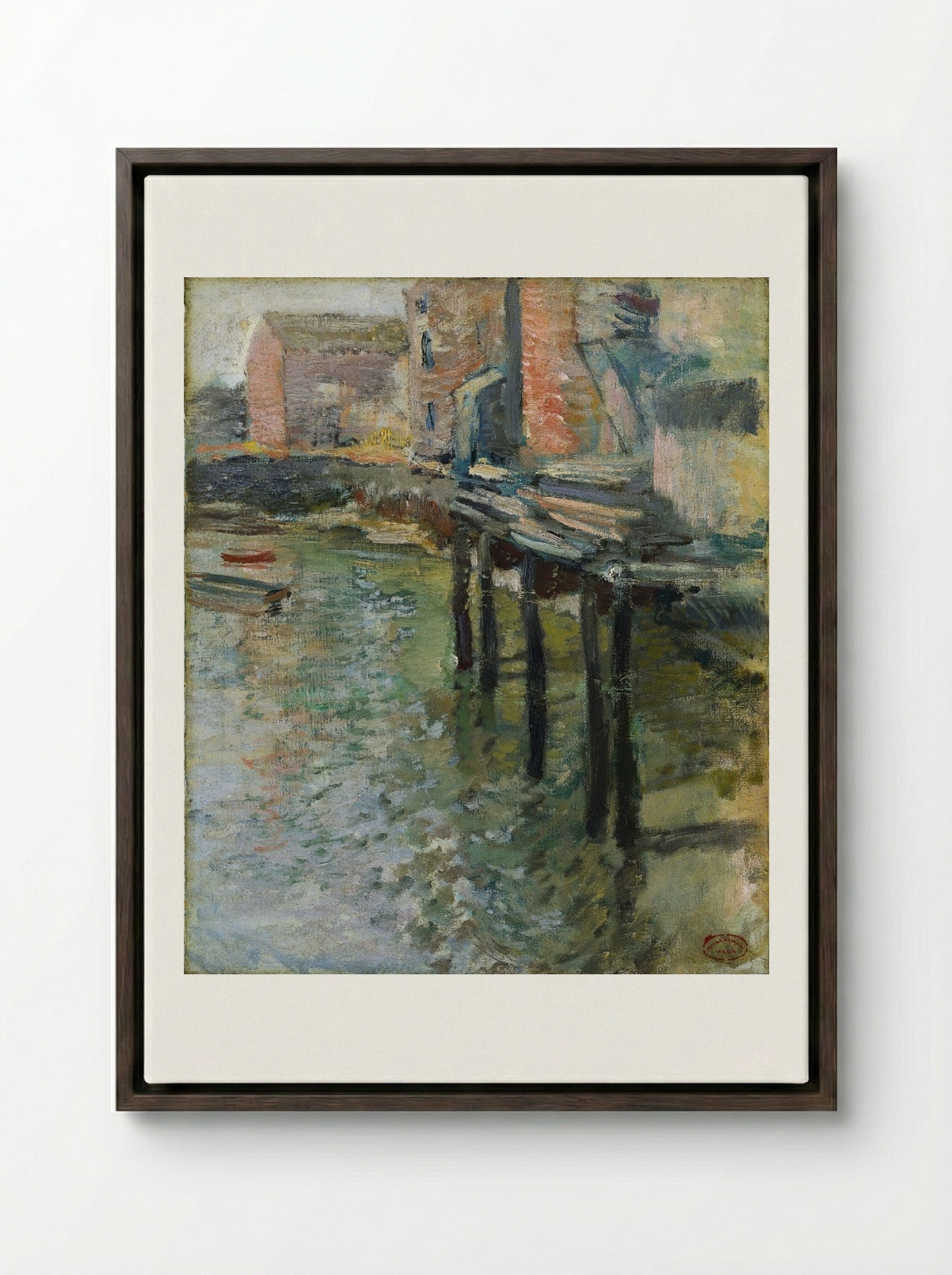 Deserted Wharf (The Old Mill at Cos Cob) - John Henry Twachtman - Framed Canvas Dark Wood