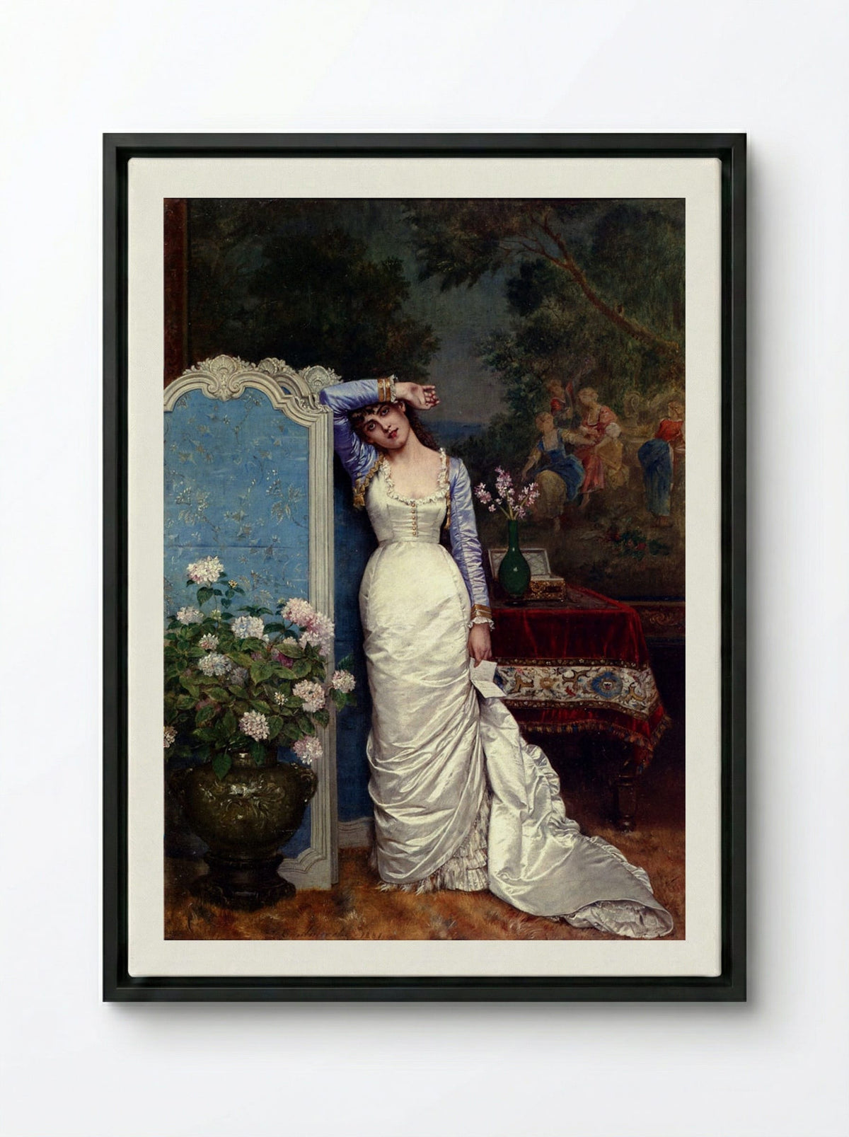 Young Woman In An Interior - Auguste Toulmouche - Framed Canvas Black