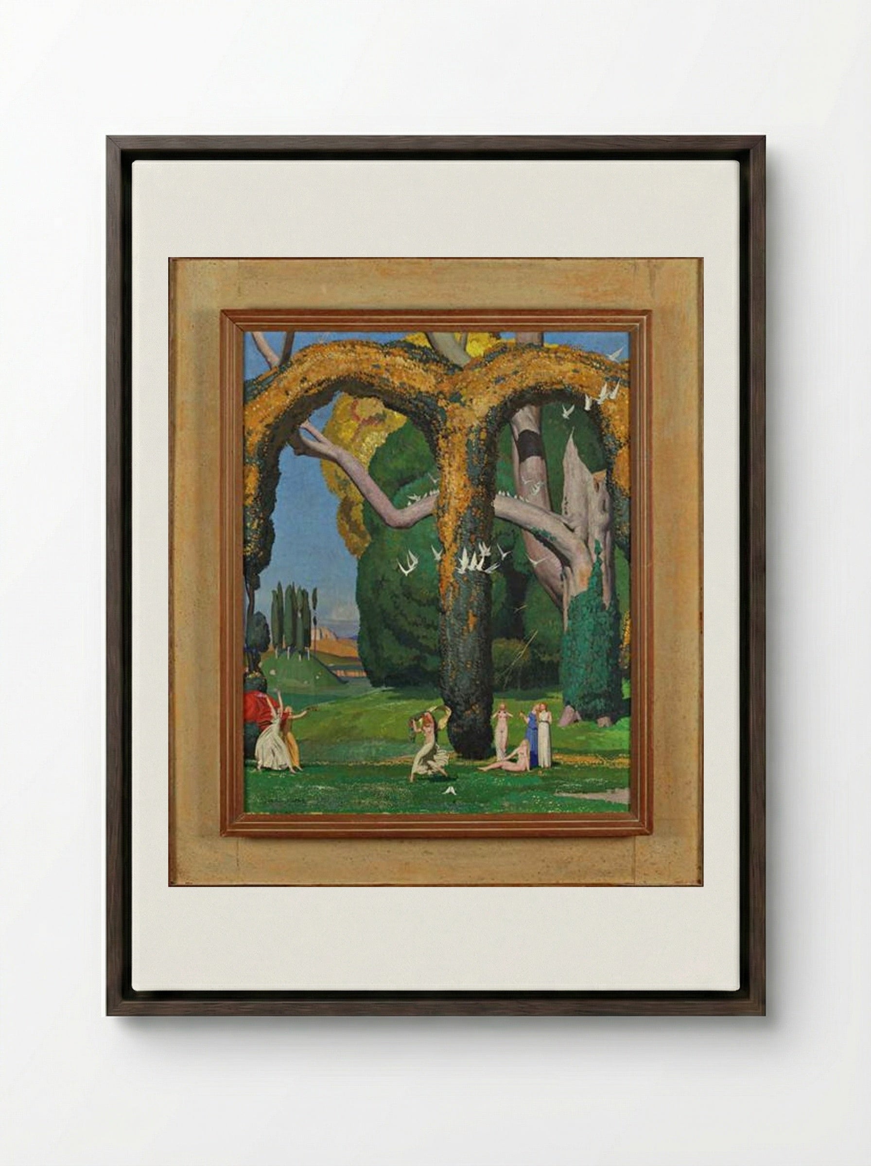 La danseuse et les deux pigeons - Jean Dupas - Framed Canvas Dark Wood