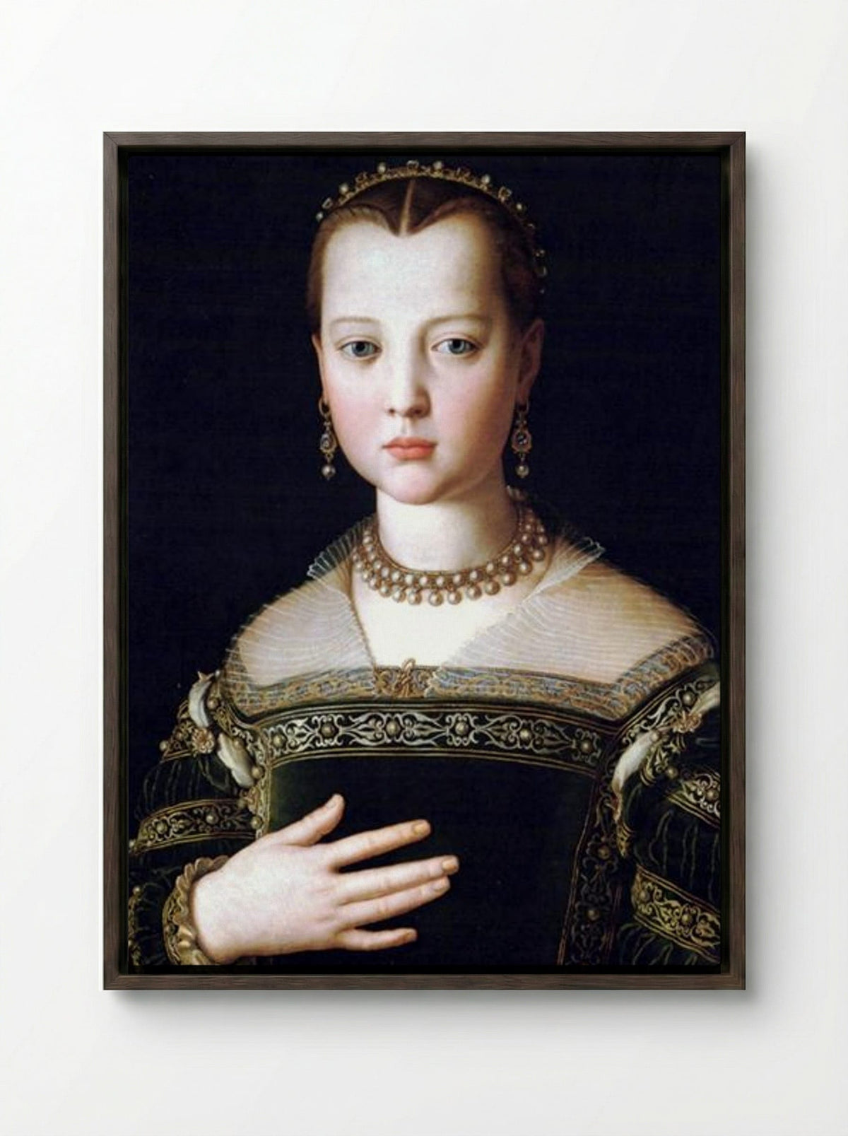 Portrait of Maria de' Medici - Agnolo Bronzino - Framed Canvas Dark Wood