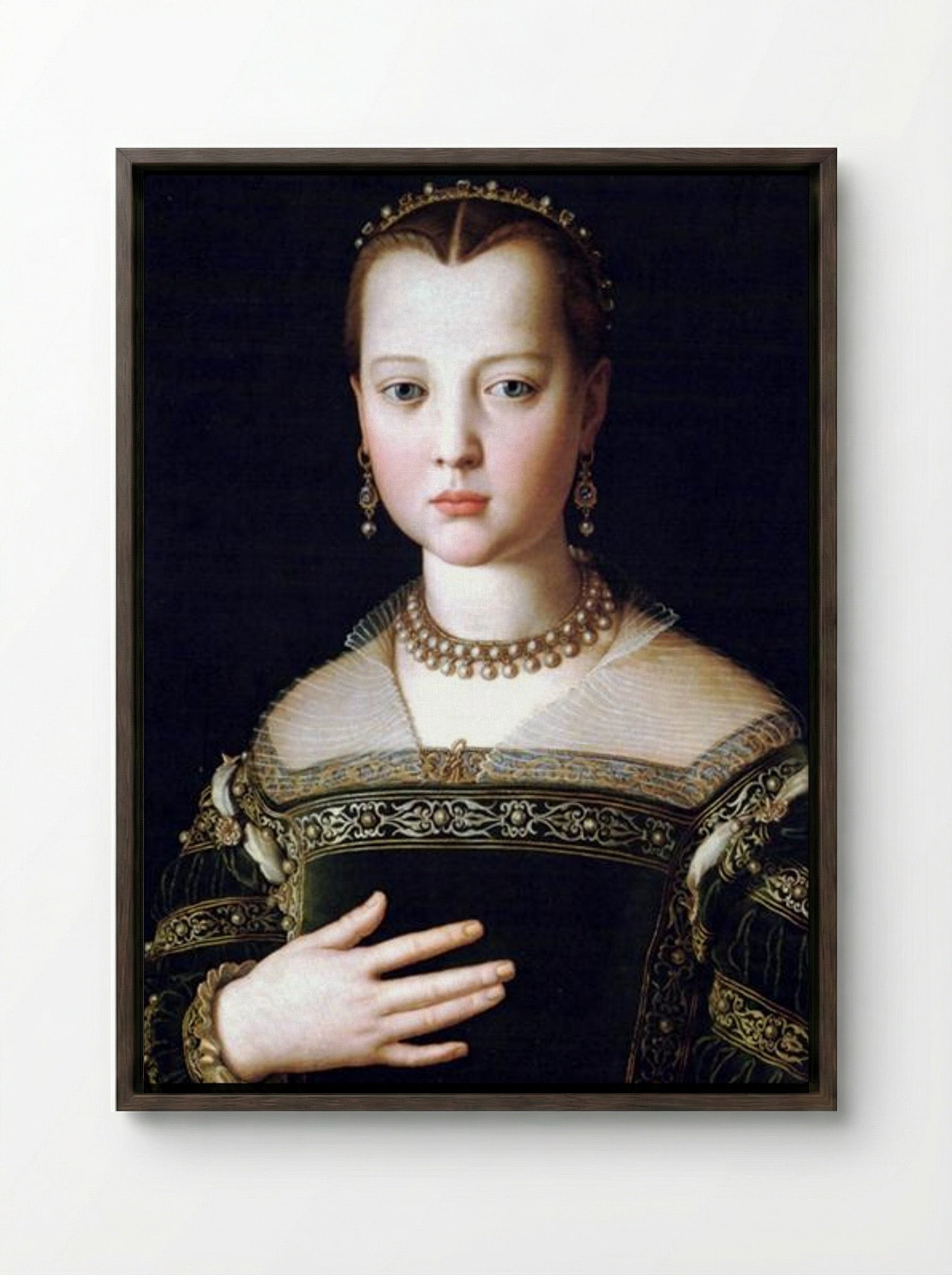 Portrait of Maria de' Medici - Agnolo Bronzino - Framed Canvas Dark Wood