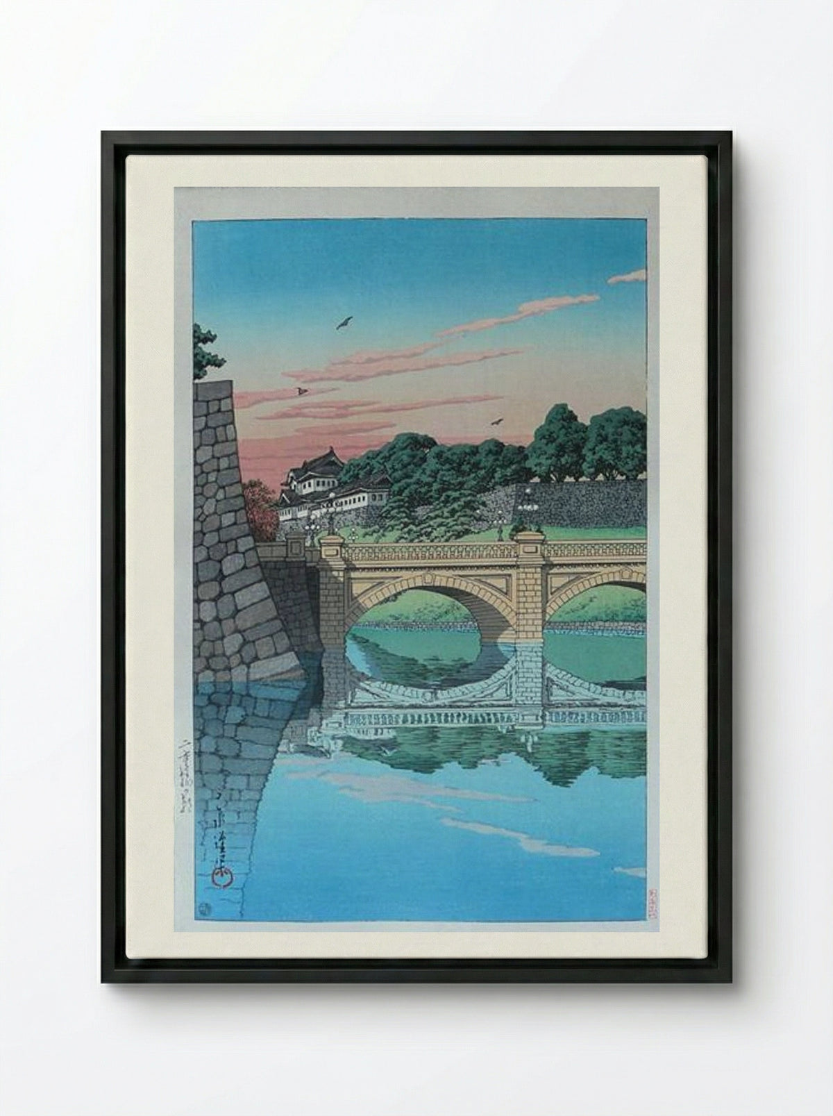 Morning at Nijubashi Bridge - Hasui Kawase - Framed Canvas Black