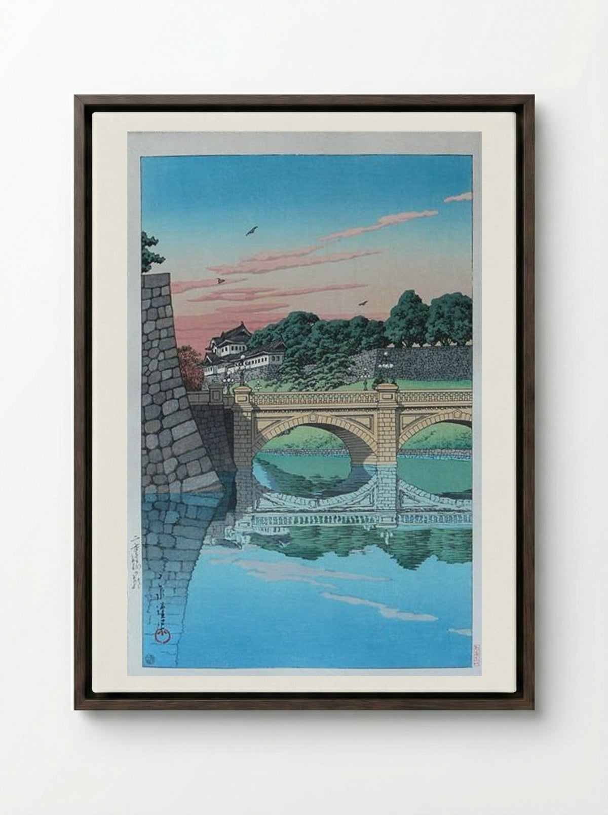 Morning at Nijubashi Bridge - Hasui Kawase - Framed Canvas Dark Wood