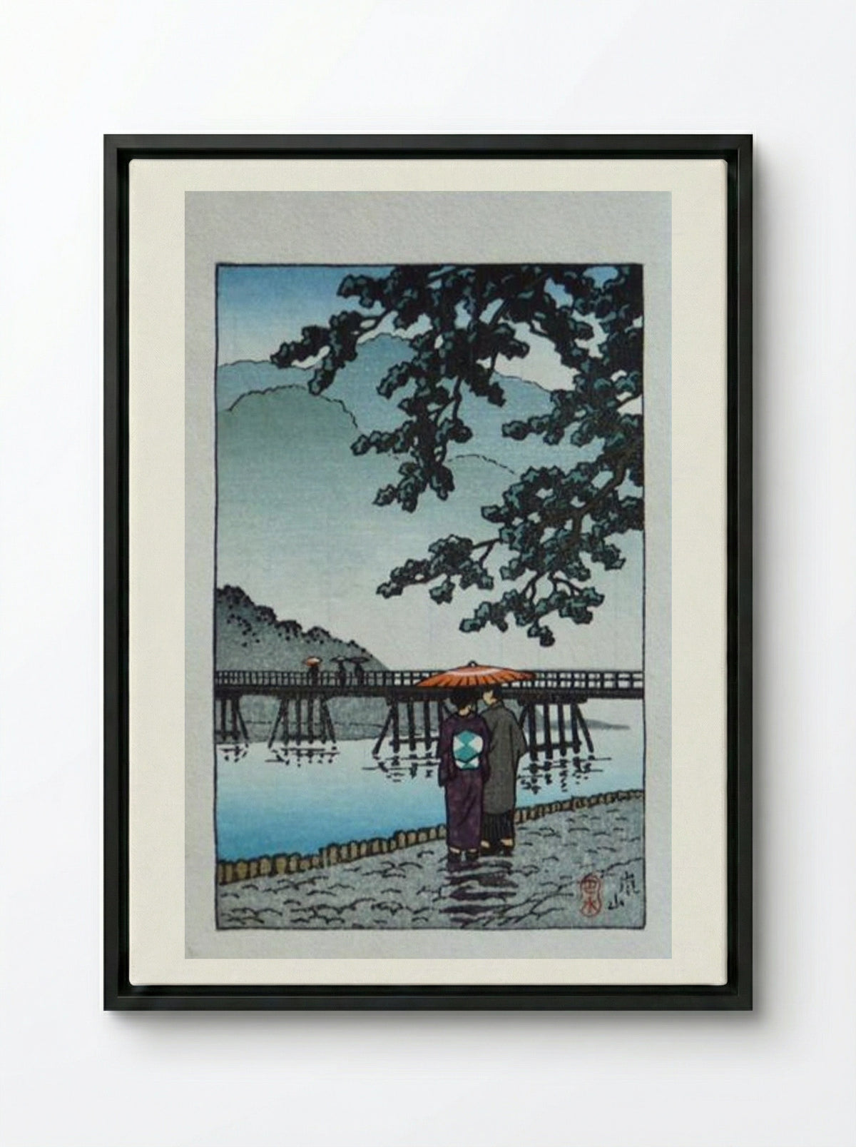 Light Rain at Arishiyama - Hasui Kawase - Framed Canvas Black