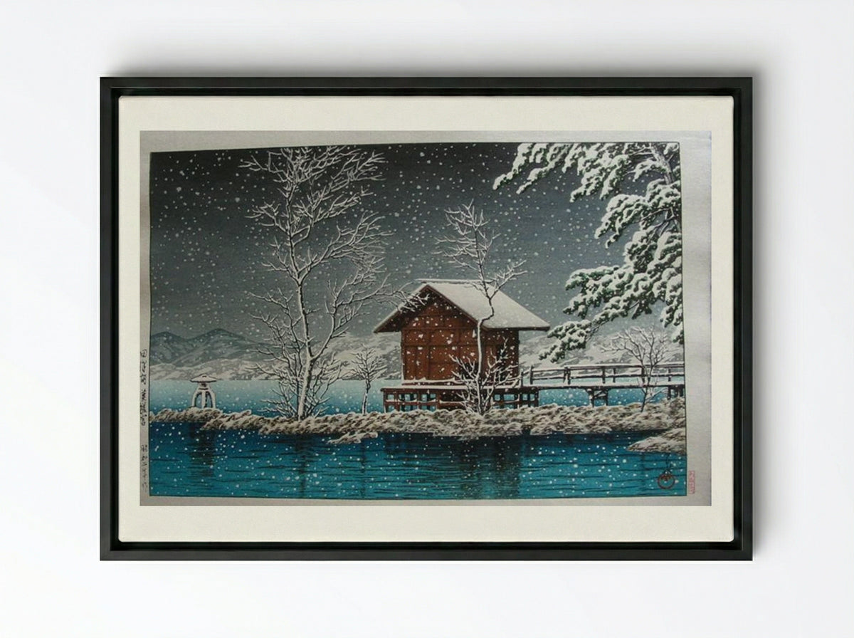 Kansau Shrine in Snow at Lake Tazawa - Hasui Kawase - Framed Canvas Black