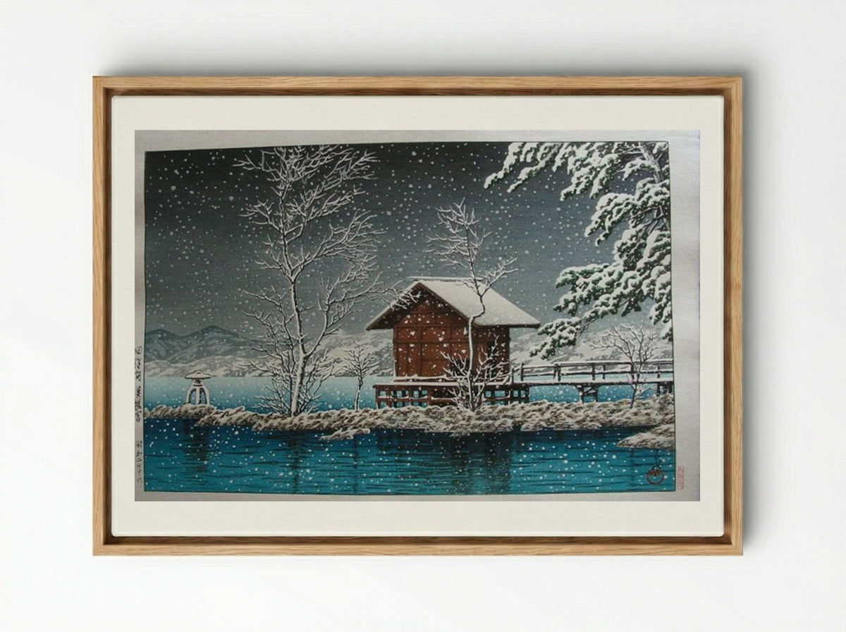 Kansau Shrine in Snow at Lake Tazawa - Hasui Kawase - Framed Canvas Wood