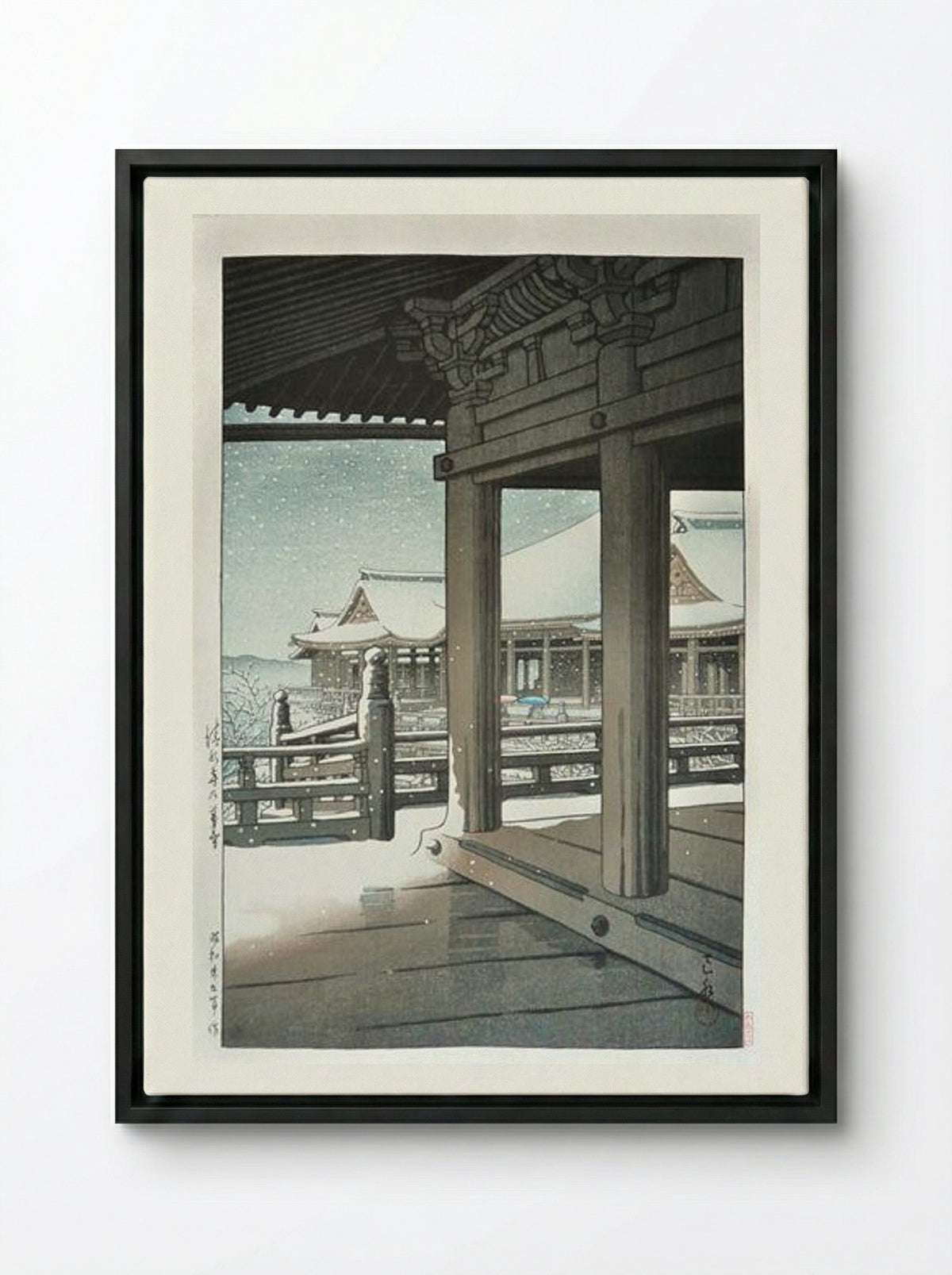 Snow Fall at Kiyomizu Temple, Kyoto - Hasui Kawase - Framed Canvas Black