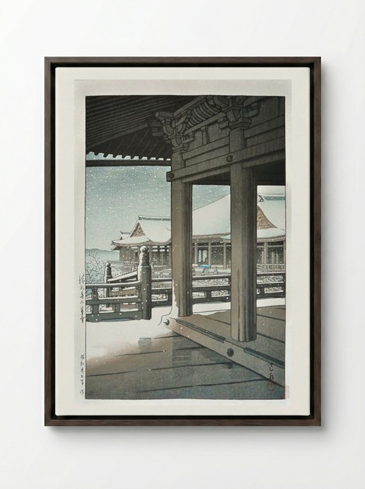 Snow Fall at Kiyomizu Temple, Kyoto - Hasui Kawase - Framed Canvas Dark Wood