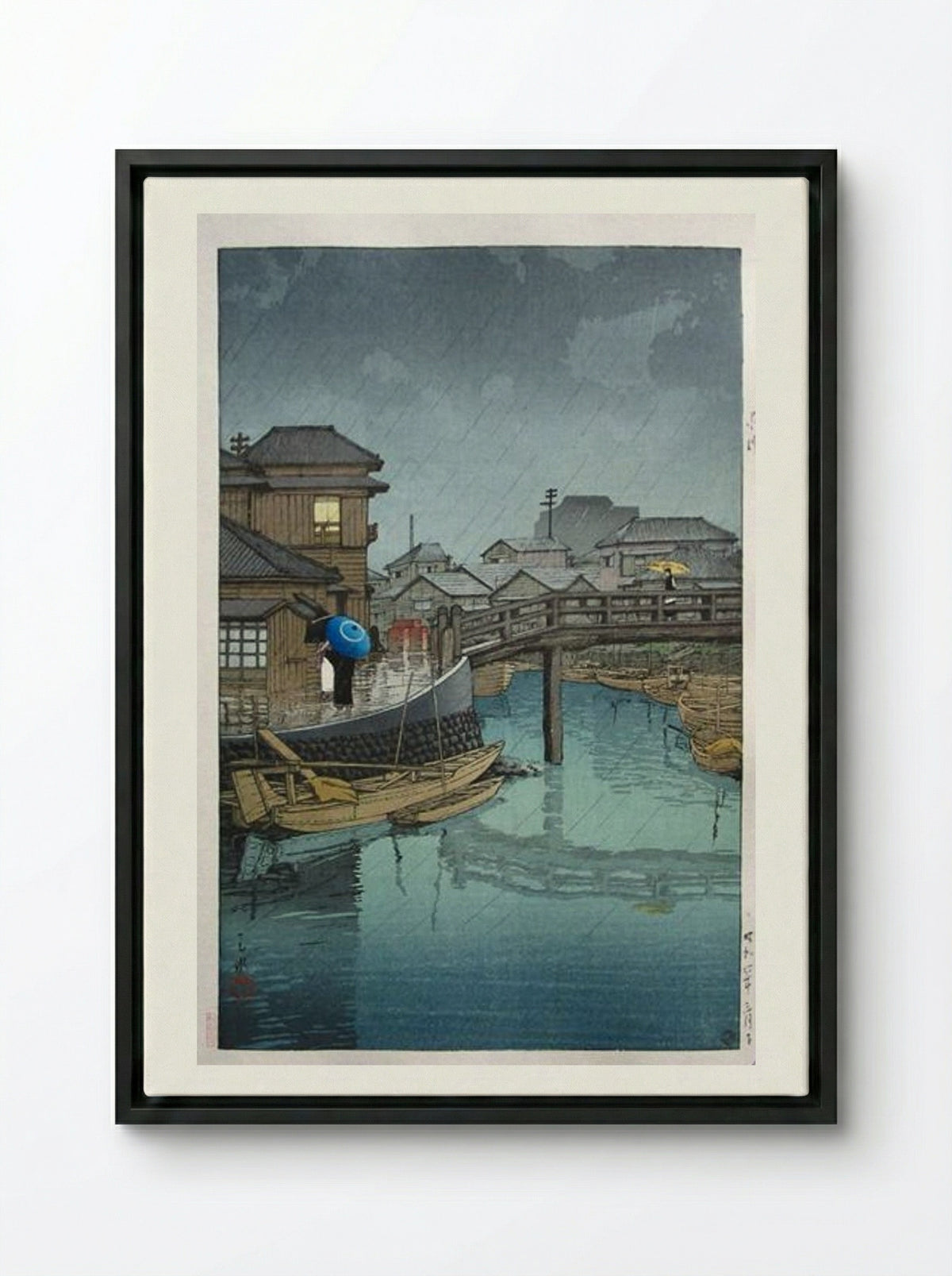 Rainy Season at Ryoshimachi - Hasui Kawase - Framed Canvas Black