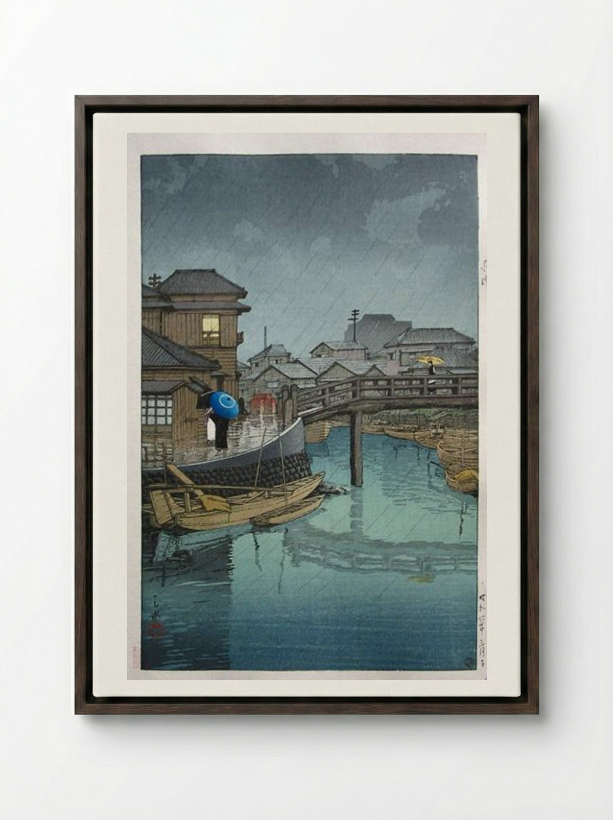 Rainy Season at Ryoshimachi - Hasui Kawase - Framed Canvas Dark Wood