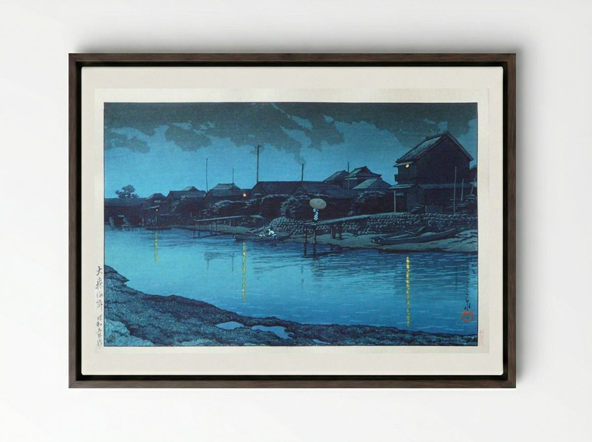Omori Beach at Night - Hasui Kawase - Framed Canvas Dark Wood