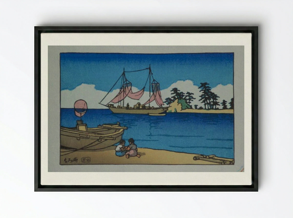 Children at the Seaside - Hasui Kawase - Framed Canvas Black