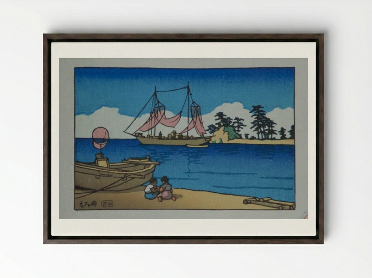 Children at the Seaside - Hasui Kawase - Framed Canvas Dark Wood