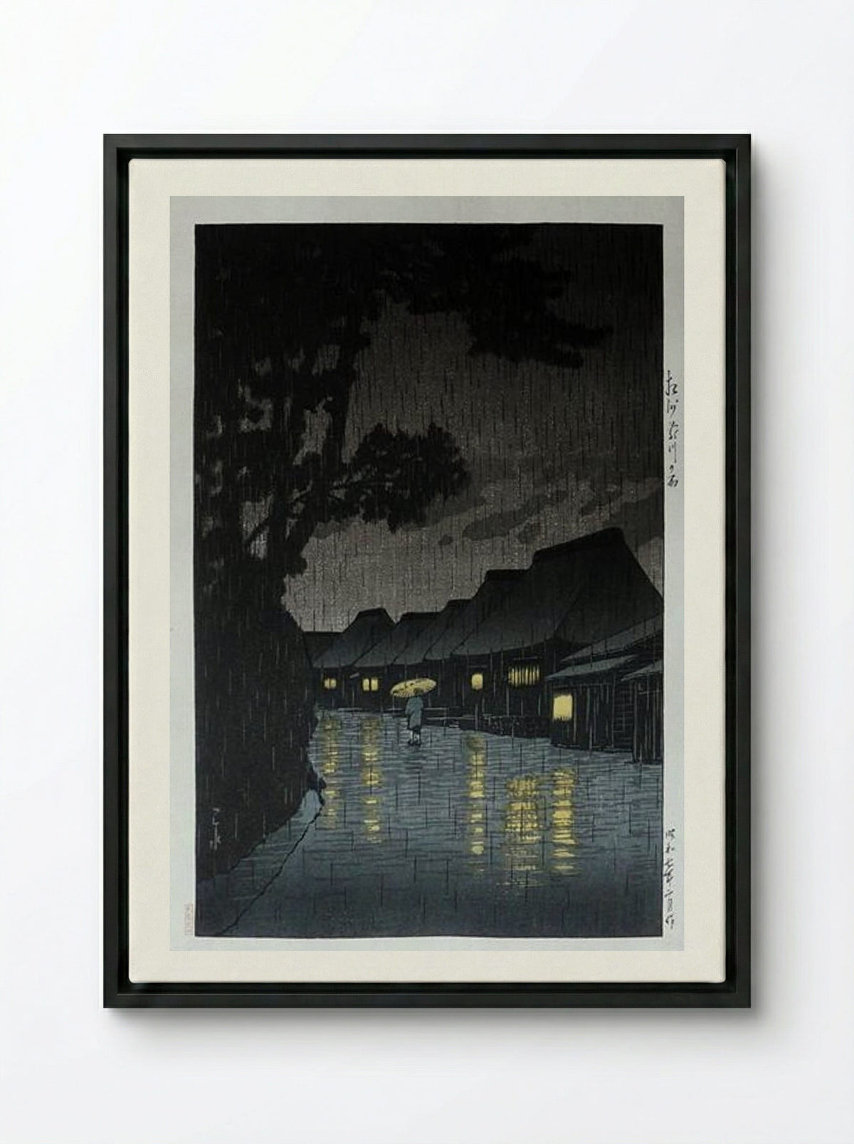 Rainy Night at Maekawa - Hasui Kawase - Framed Canvas Black