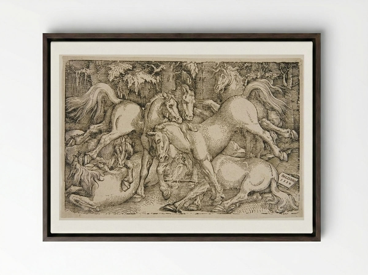 Fighting Wild Horses in a Wood - Hans Baldung Grien - Framed Canvas Dark Wood