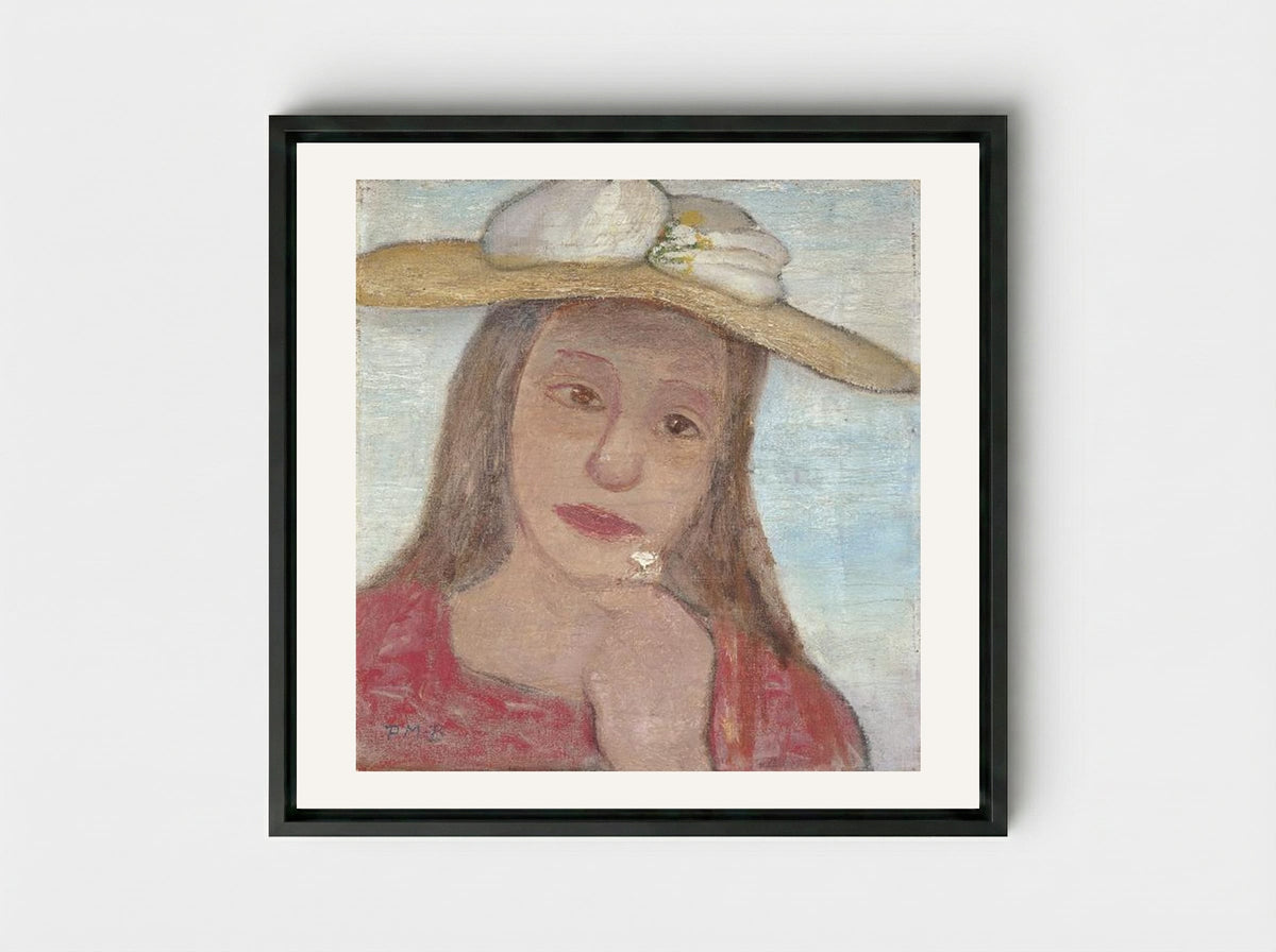 Young Girl With Straw Hat And A Flower In Her Hand - Paula Modersohn-Becker - Framed Canvas Black