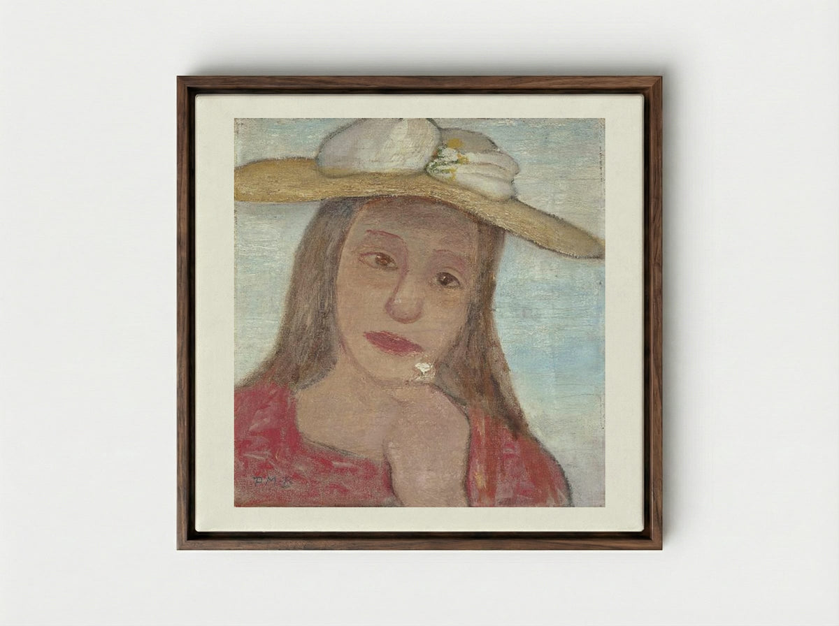 Young Girl With Straw Hat And A Flower In Her Hand - Paula Modersohn-Becker - Framed Canvas Dark Wood