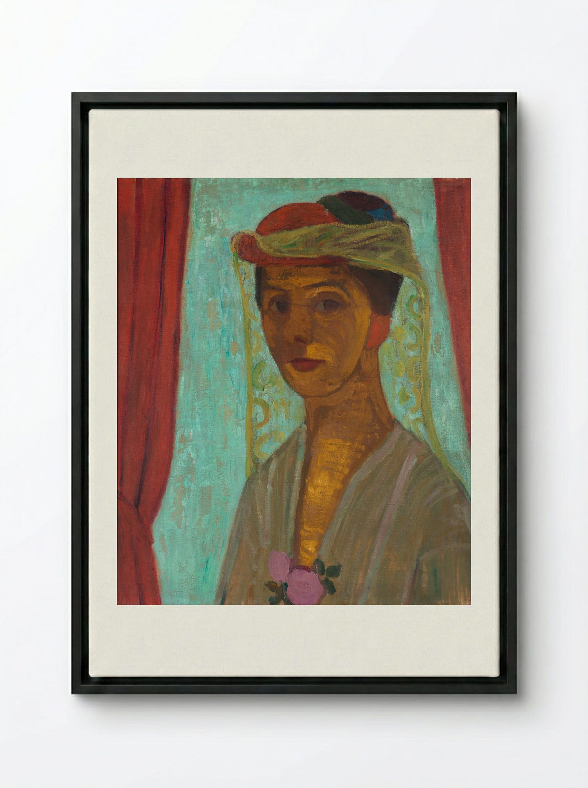 Self-Portrait with Red Flower Wreath and Chain - Paula Modersohn-Becker - Framed Canvas Black