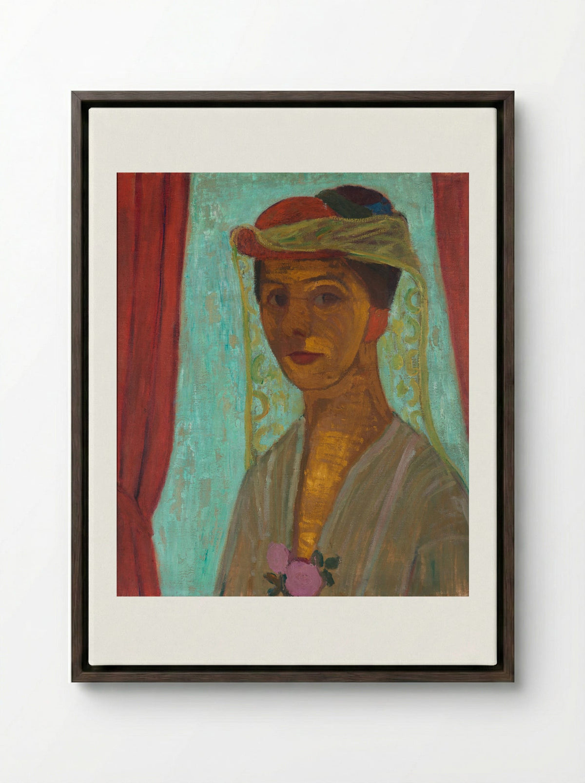 Self-Portrait with Red Flower Wreath and Chain - Paula Modersohn-Becker - Framed Canvas Dark Wood