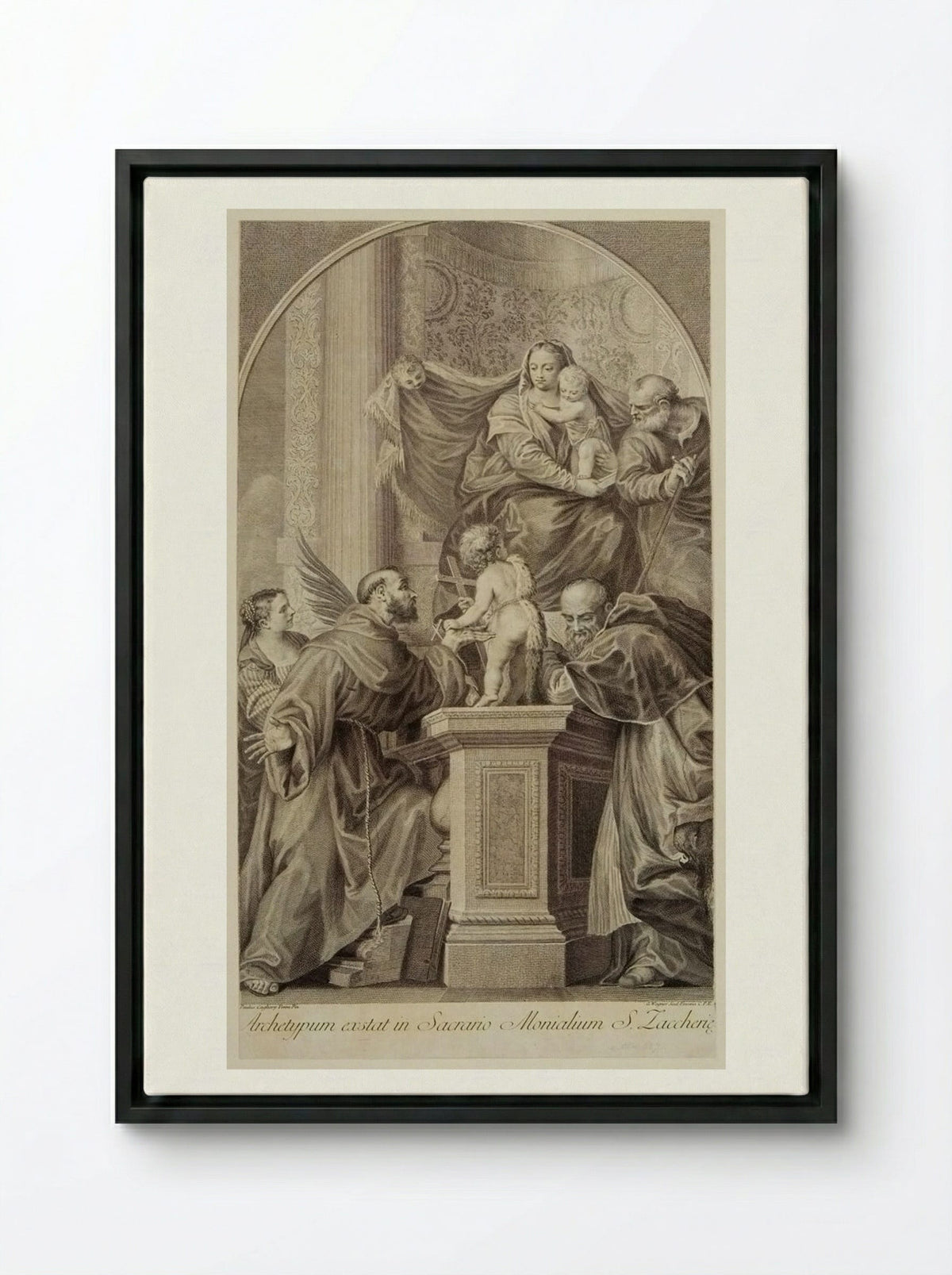 Madonna Enthroned, with the Infant Saint John, Saint Francis, Saint Jerome, and Saint Catherine - Joseph Wagner - Framed Canvas Black