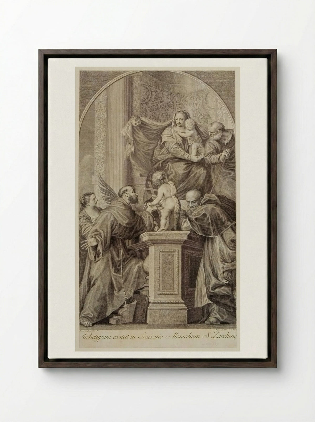 Madonna Enthroned, with the Infant Saint John, Saint Francis, Saint Jerome, and Saint Catherine - Joseph Wagner - Framed Canvas Dark Wood