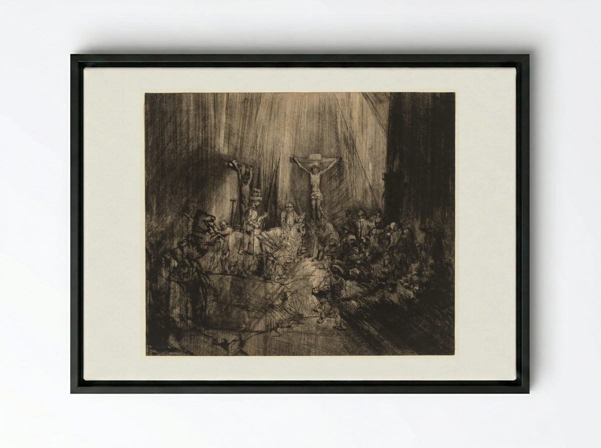 Christ Crucified Between the Two Thieves: 'The Three Crosses' - Rembrandt van Rijn - Framed Canvas Black