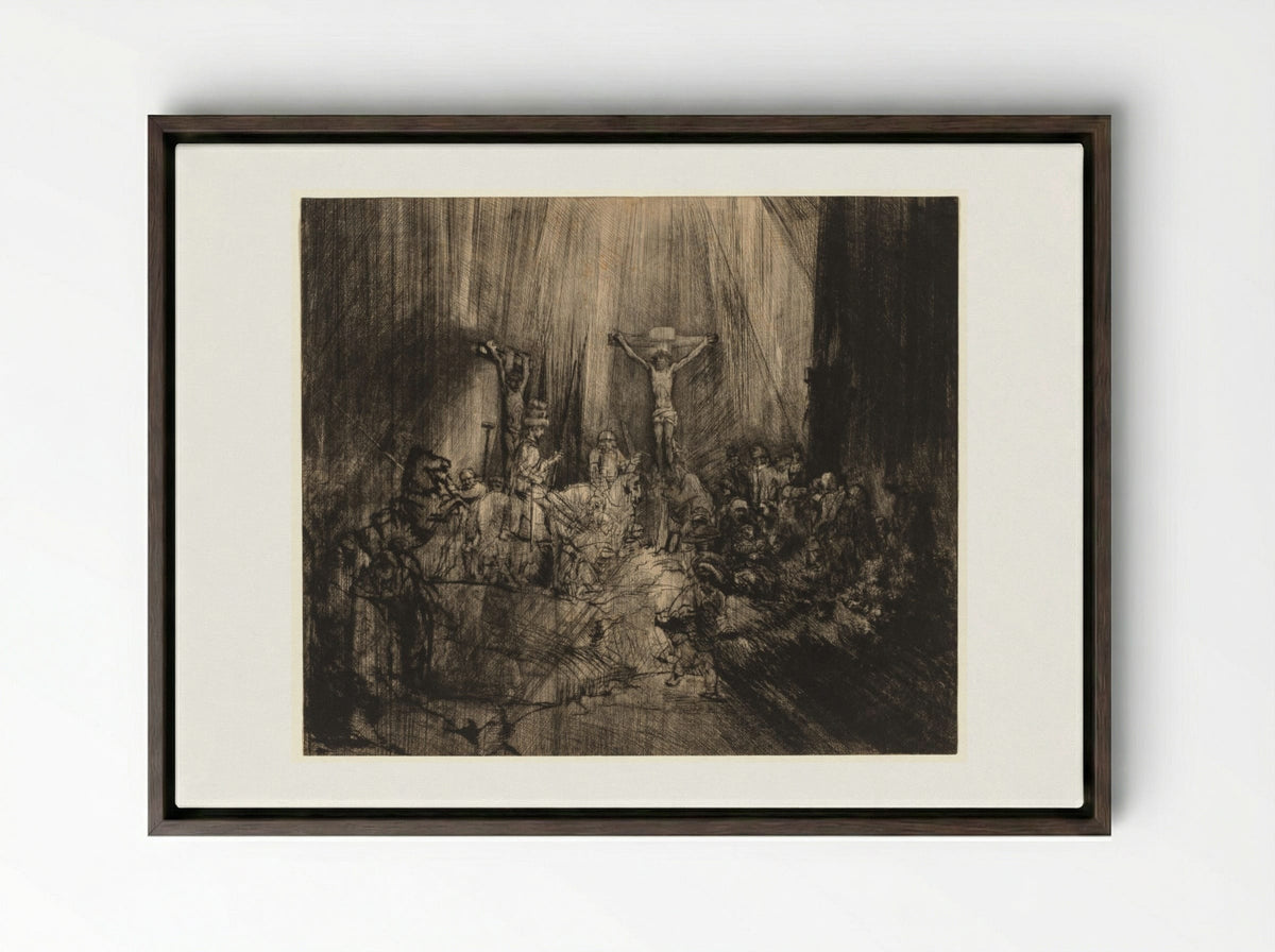 Christ Crucified Between the Two Thieves: 'The Three Crosses' - Rembrandt van Rijn - Framed Canvas Dark Wood