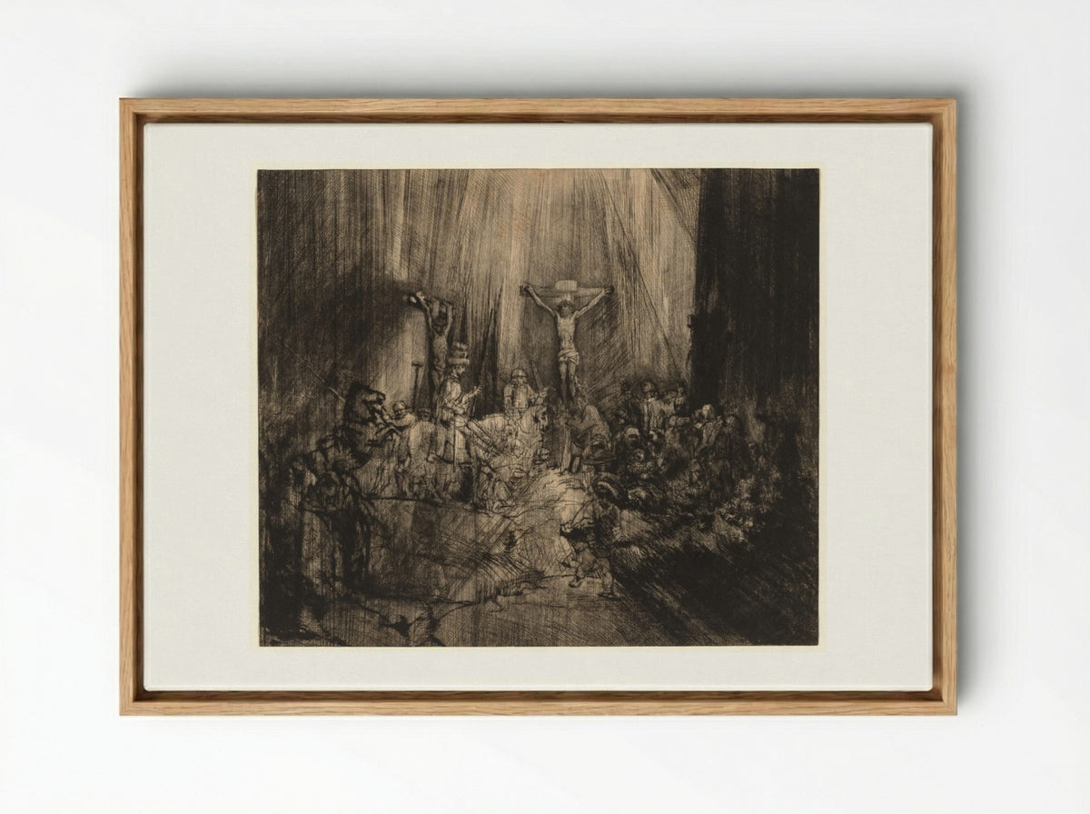 Christ Crucified Between the Two Thieves: 'The Three Crosses' - Rembrandt van Rijn - Framed Canvas Wood