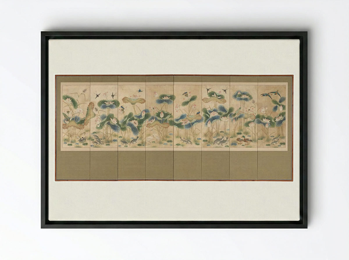Lotuses and Birds - Unknown Artist - Framed Canvas Black