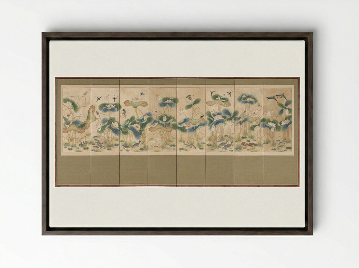 Lotuses and Birds - Unknown Artist - Framed Canvas Dark Wood