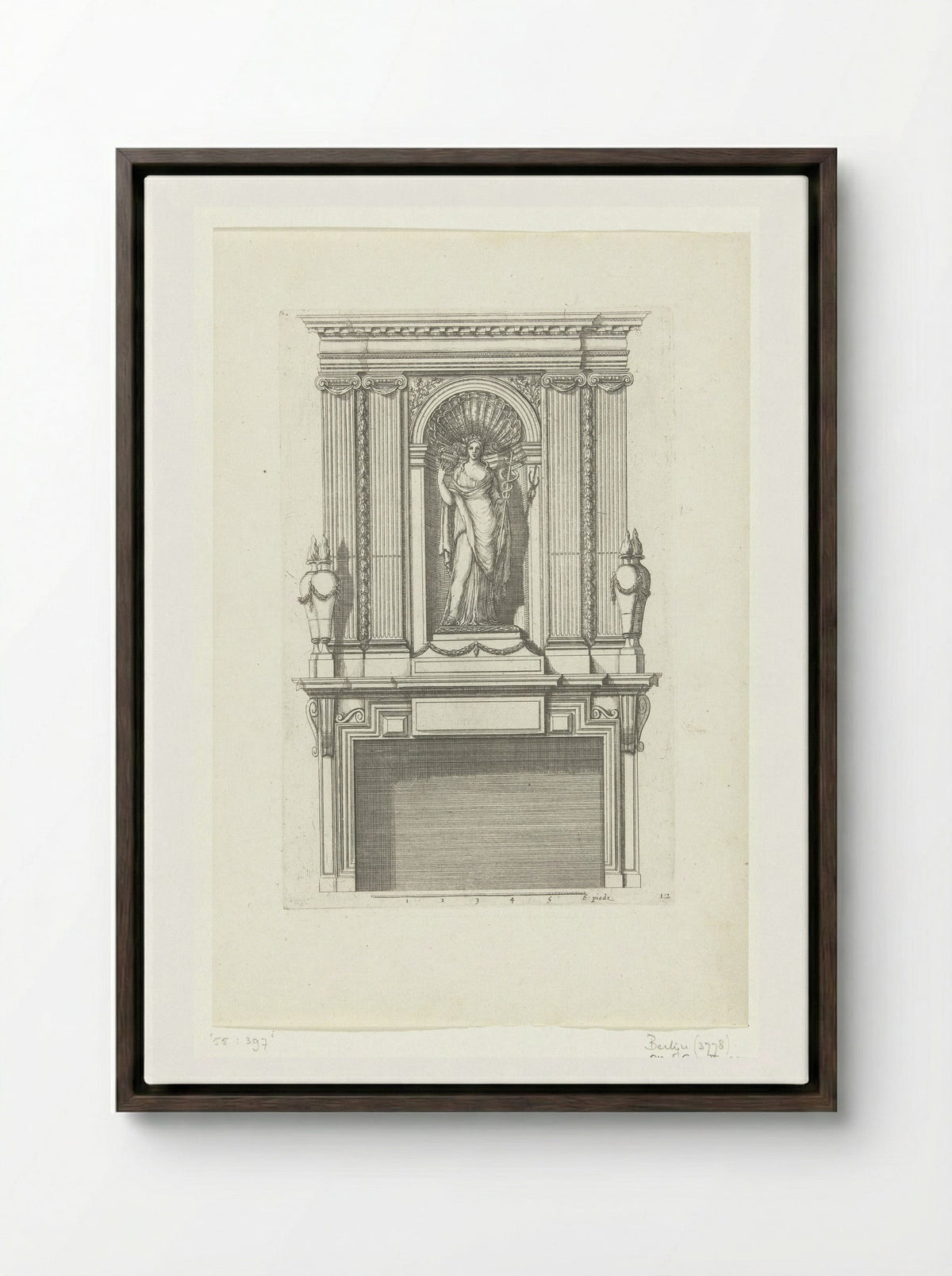 Untitled (Fireplace Design with Female Figure in a Niche) - Fine Art Print - Framed Canvas Dark Wood