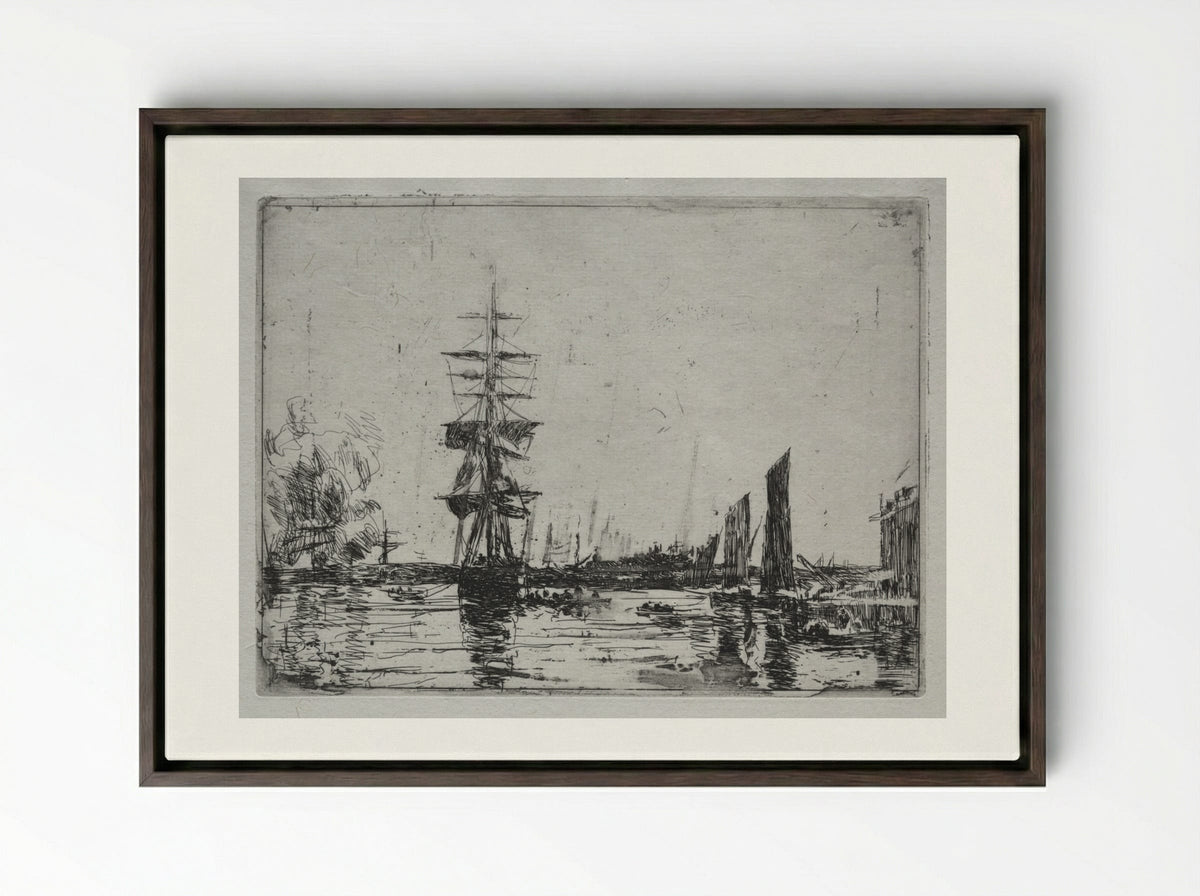 Boats at Anchor - Eugène Boudin - Framed Canvas Dark Wood