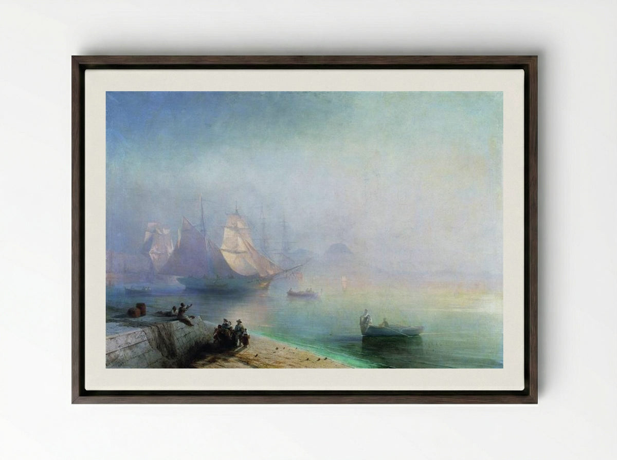 The Bay of Naples on a Misty Morning - Ivan Aivazovsky - Framed Canvas Dark Wood