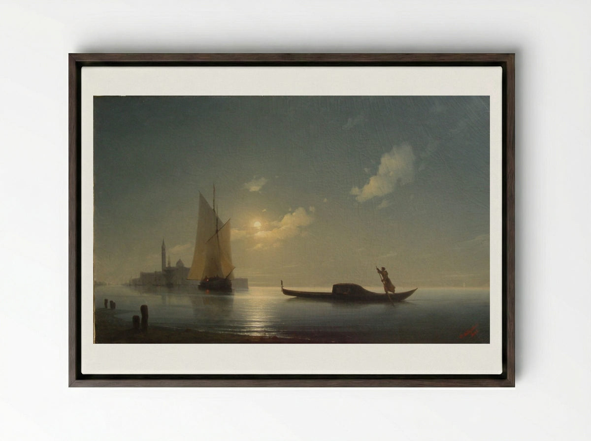 Gondolier at Sea by Night - Ivan Aivazovsky - Framed Canvas Dark Wood