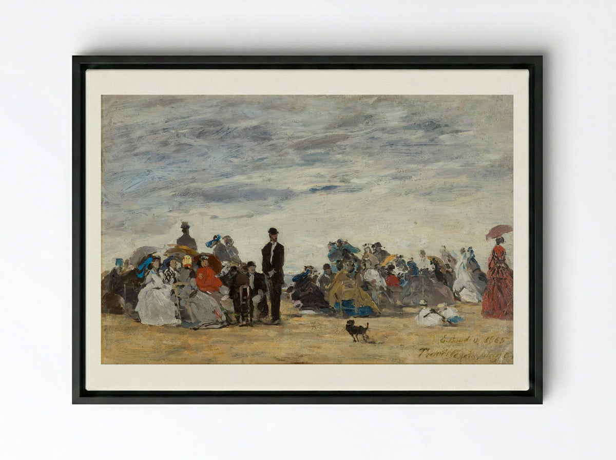 Figures on the Beach at Trouville - Eugène Boudin - Framed Canvas Black