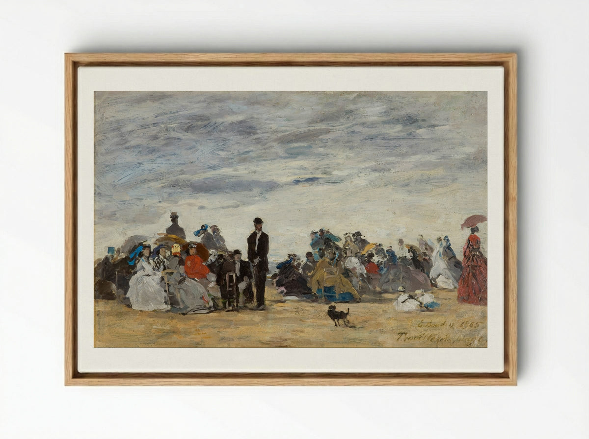 Figures on the Beach at Trouville - Eugène Boudin - Framed Canvas Wood