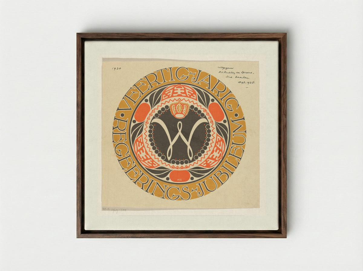 Emblem for the Fortieth Anniversary of the Reign of Queen Wilhelmina - Carel Adolph Lion Cachet - Framed Canvas Dark Wood