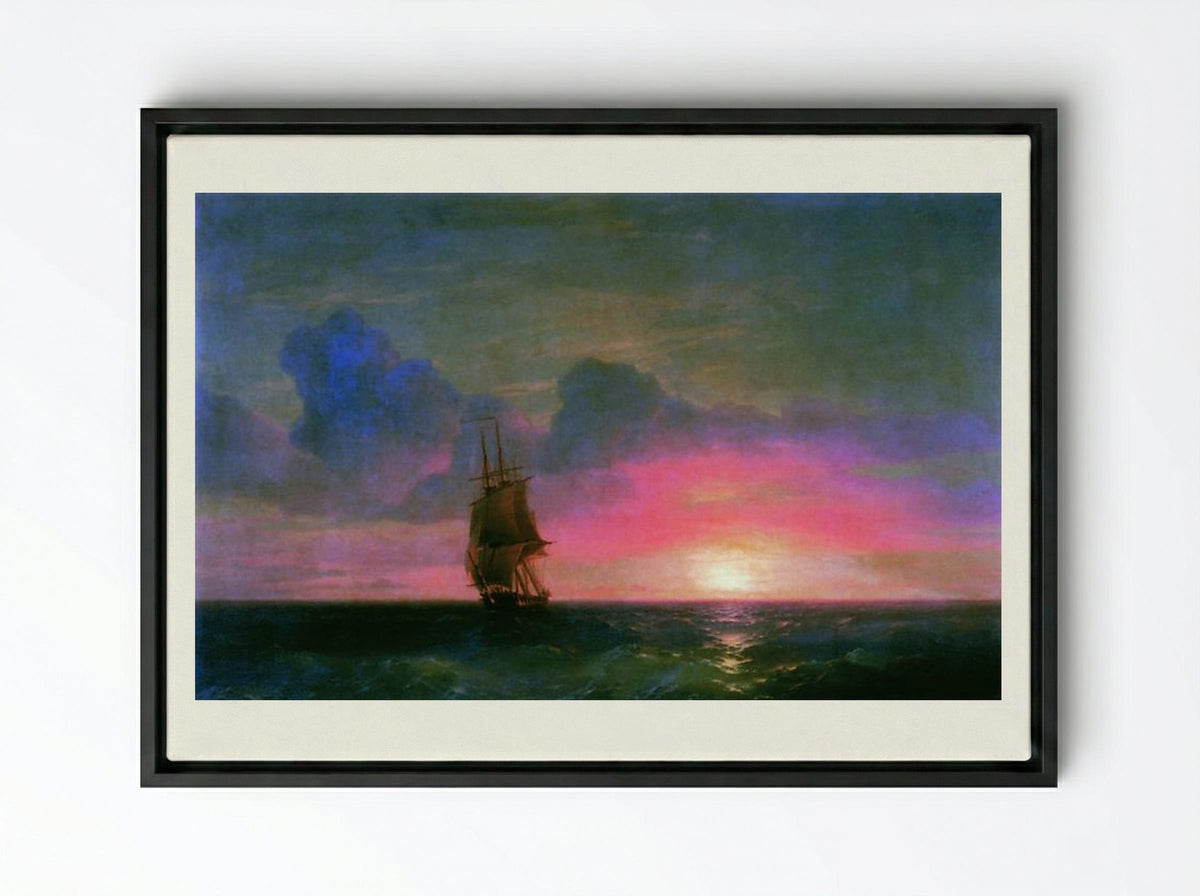 Sunset. A lone sailboat - Ivan Aivazovsky - Framed Canvas Black