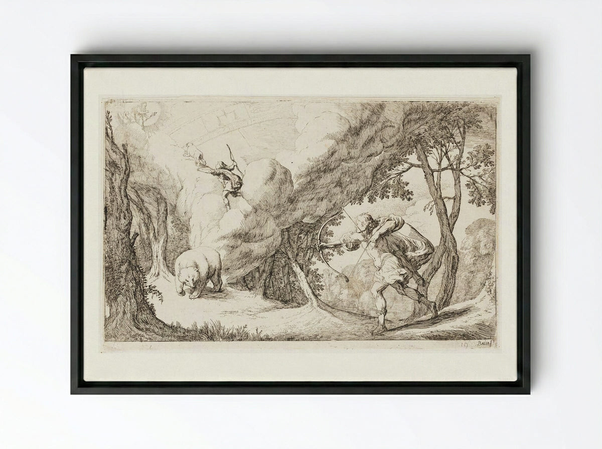 Callisto, Transformed into a Bear, Is Hunted by Her Son Arcas and Becomes a Constellation - Johann Wilhelm Baur - Framed Canvas Black