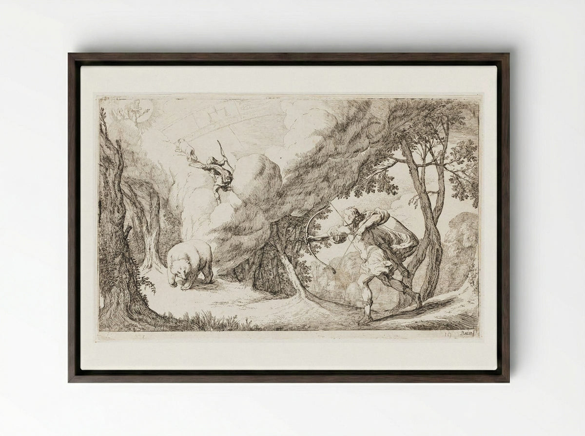 Callisto, Transformed into a Bear, Is Hunted by Her Son Arcas and Becomes a Constellation - Johann Wilhelm Baur - Framed Canvas Dark Wood