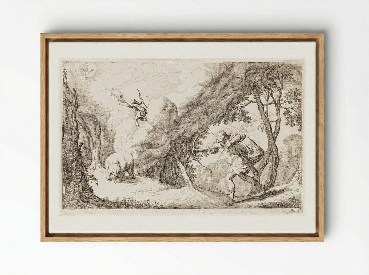 Callisto, Transformed into a Bear, Is Hunted by Her Son Arcas and Becomes a Constellation - Johann Wilhelm Baur - Framed Canvas Wood
