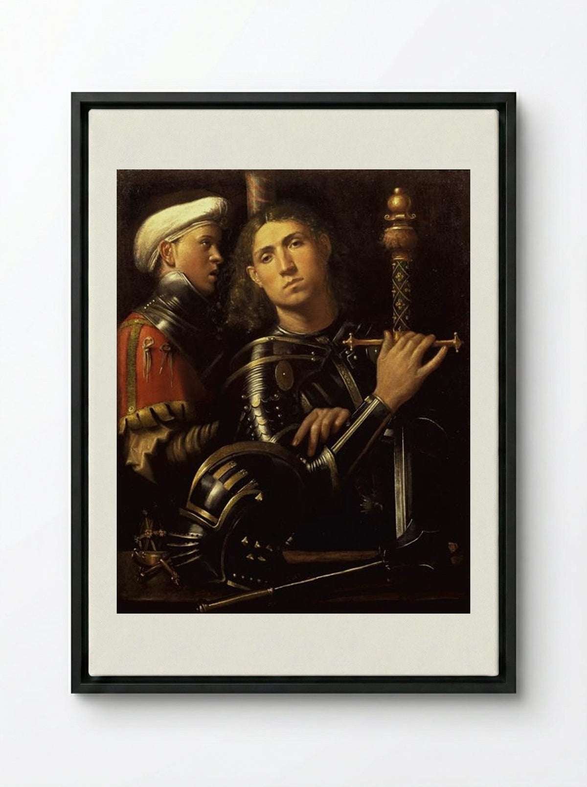 Warrior with Groom - Giorgione - Framed Canvas Black
